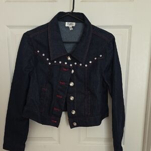 Unique Vintage Dark Denim Jacket with Pearl and Red Accents